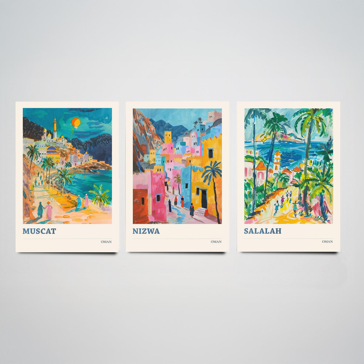 Set of Three Oman Travel Posters - Muscat, Nizwa, Salalah - 3 Colourful Art Prints - Gouache Painting Illustration Gift Map