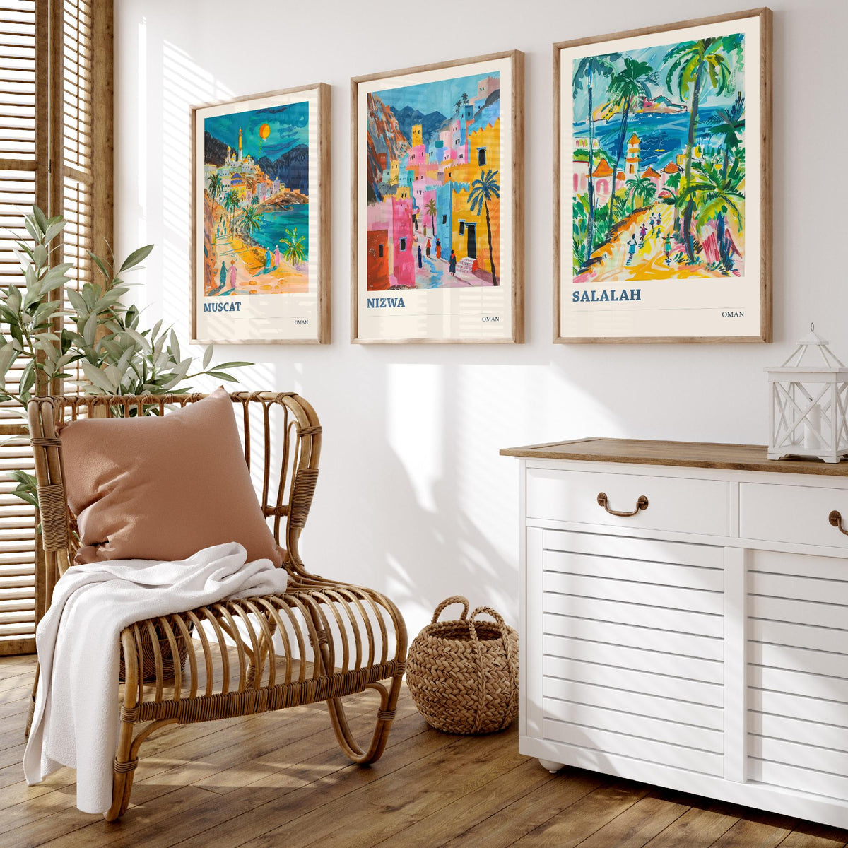 Set of Three Oman Travel Posters - Muscat, Nizwa, Salalah - 3 Colourful Art Prints - Gouache Painting Illustration Gift Map