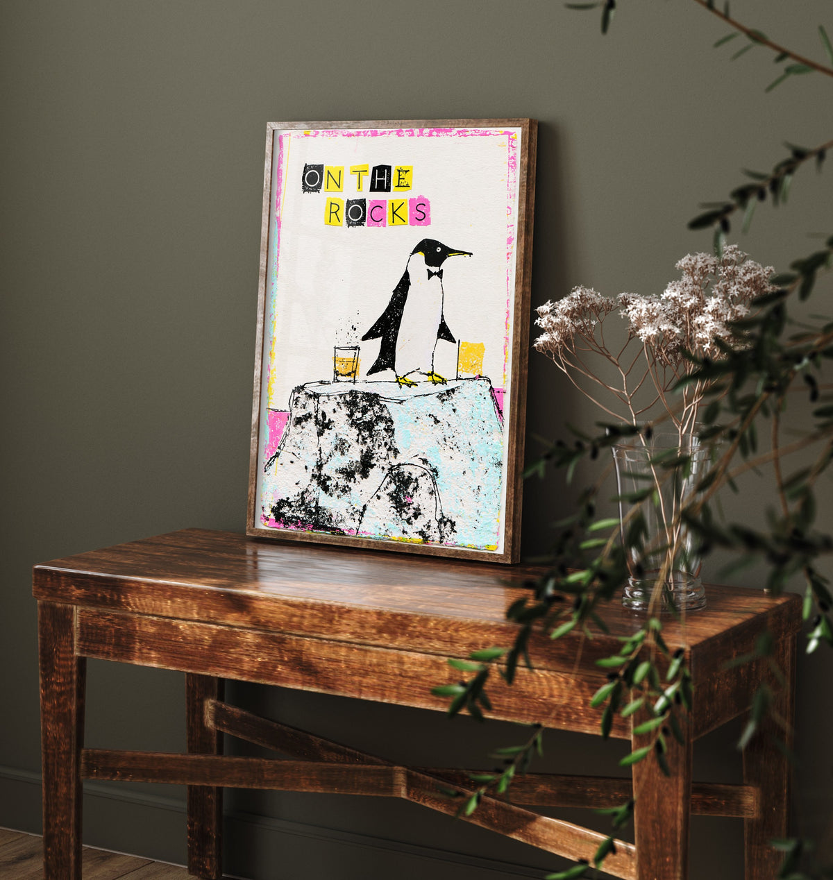 On the Rocks Art Print - Penguin in a Bow Tie Whisky Poster - Cut Paper Letters Home Bar Illustration