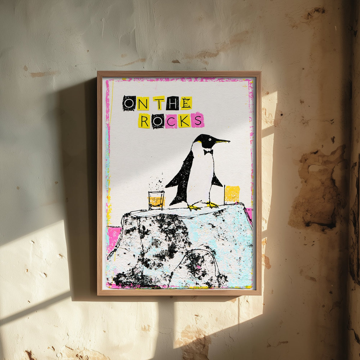 On the Rocks Art Print - Penguin in a Bow Tie Whisky Poster - Cut Paper Letters Home Bar Illustration