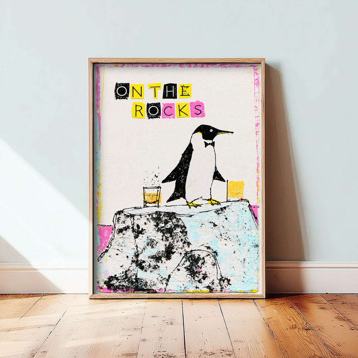 On the Rocks Art Print - Penguin in a Bow Tie Whisky Poster - Cut Paper Letters Home Bar Illustration