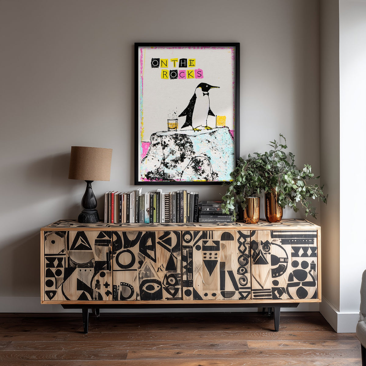 On the Rocks Art Print - Penguin in a Bow Tie Whisky Poster - Cut Paper Letters Home Bar Illustration