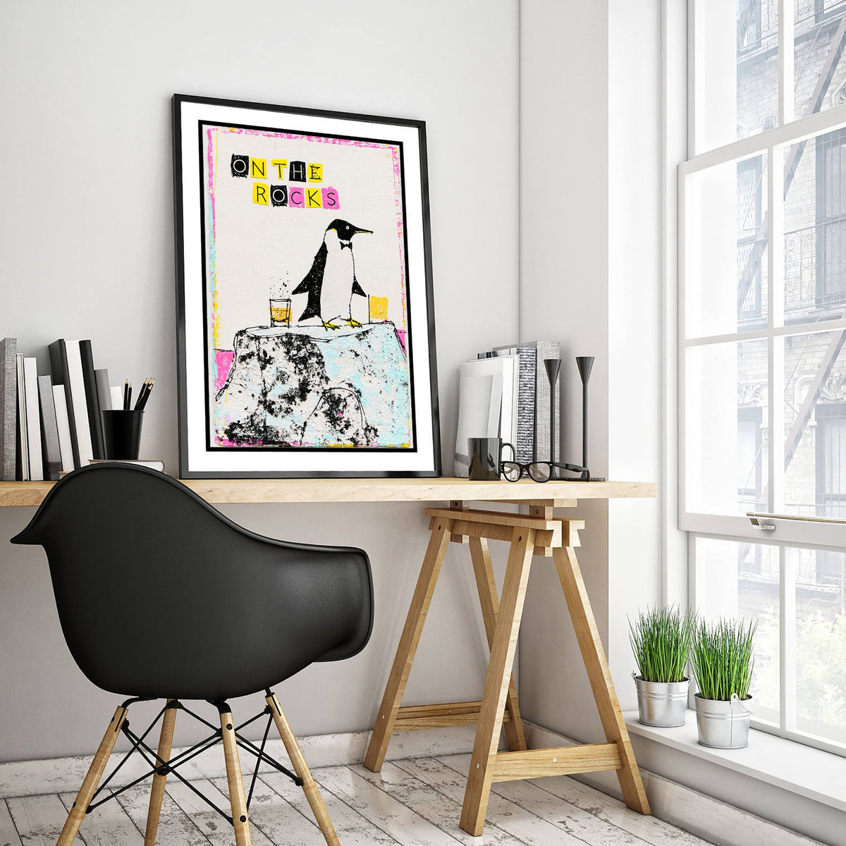 On the Rocks Art Print - Penguin in a Bow Tie Whisky Poster - Cut Paper Letters Home Bar Illustration