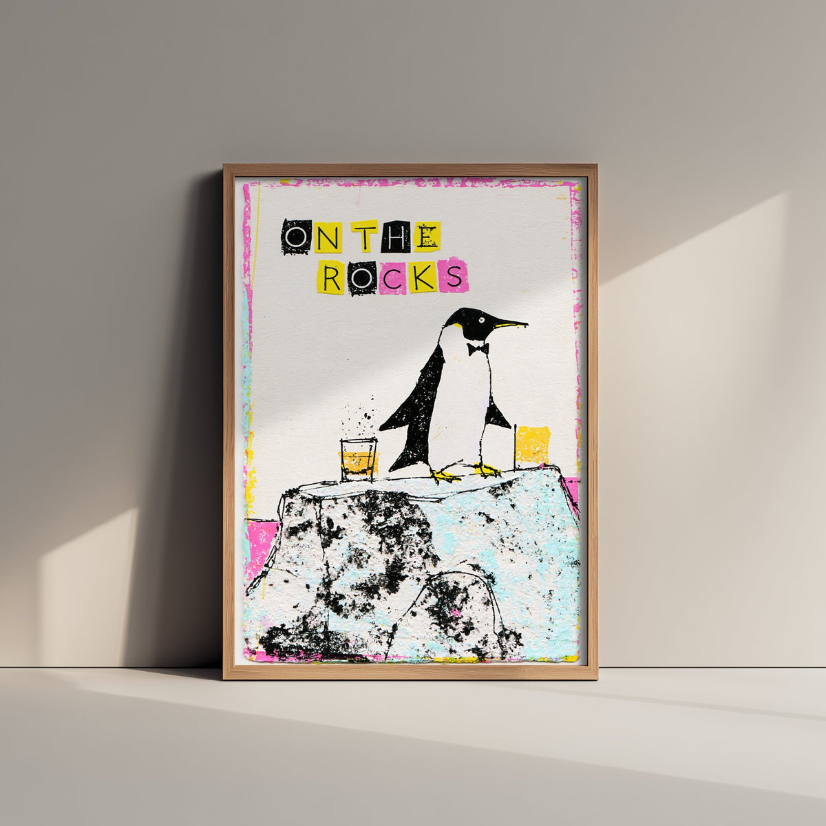 On the Rocks Art Print - Penguin in a Bow Tie Whisky Poster - Cut Paper Letters Home Bar Illustration