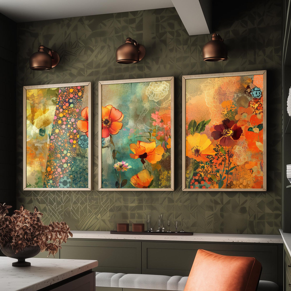 Set of Three Orange Flower Collage Art Prints - Poppy Anemone Wildflowers - 3 Bright Floral Posters - Mixed Media Illustration Painting V1