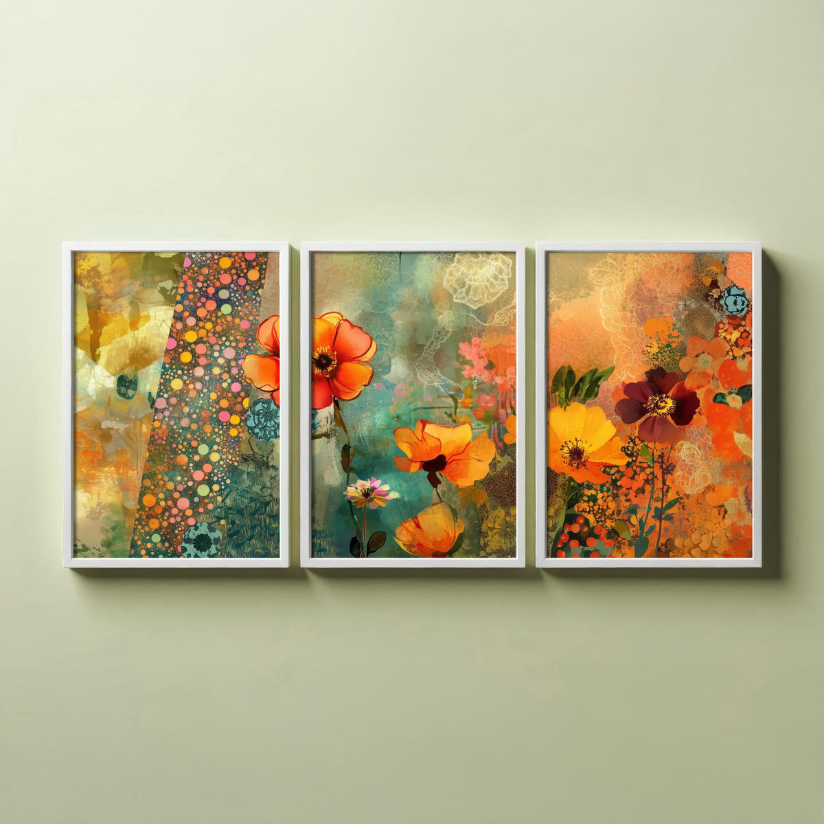 Set of Three Orange Flower Collage Art Prints - Poppy Anemone Wildflowers - 3 Bright Floral Posters - Mixed Media Illustration Painting V1