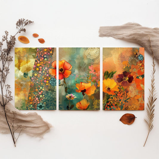 Set of Three Orange Flower Collage Art Prints - Poppy Anemone Wildflowers - 3 Bright Floral Posters - Mixed Media Illustration Painting V1