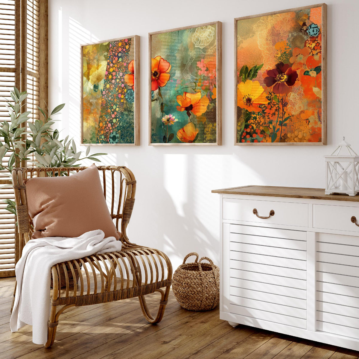 Set of Three Orange Flower Collage Art Prints - Poppy Anemone Wildflowers - 3 Bright Floral Posters - Mixed Media Illustration Painting V1