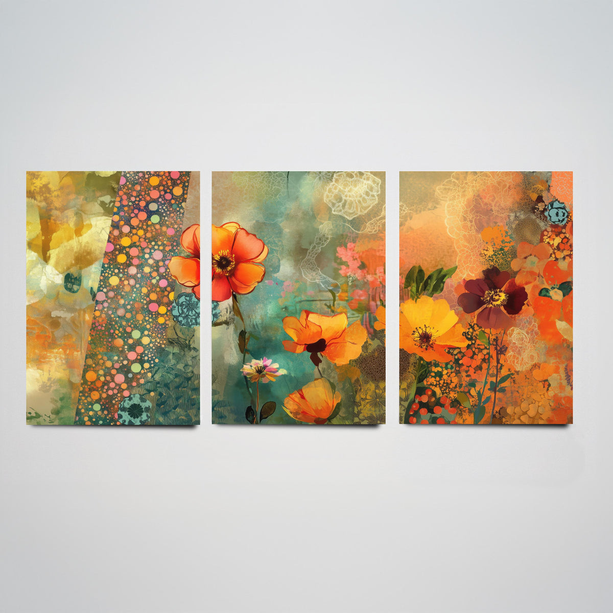 Set of Three Orange Flower Collage Art Prints - Poppy Anemone Wildflowers - 3 Bright Floral Posters - Mixed Media Illustration Painting V1