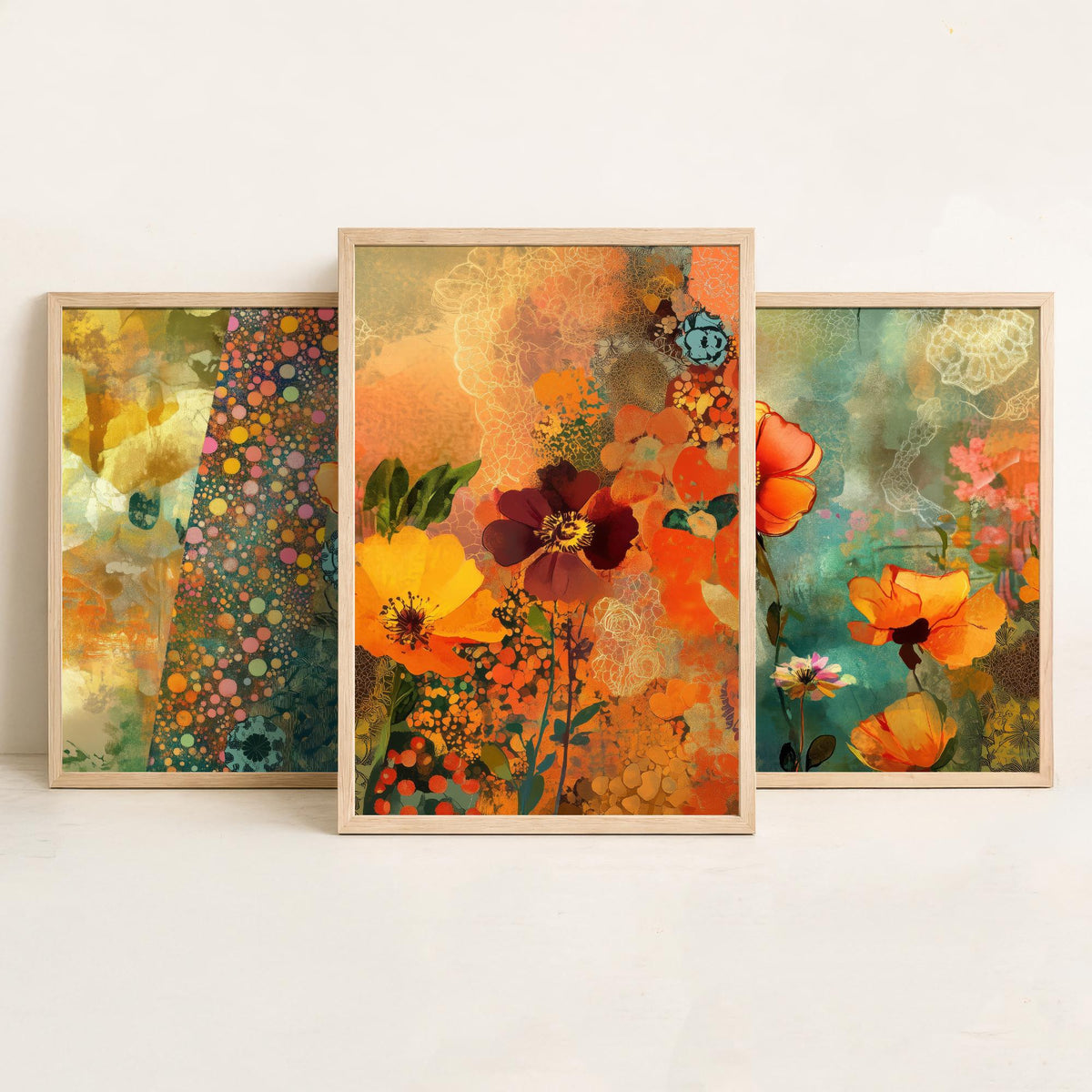 Set of Three Orange Flower Collage Art Prints - Poppy Anemone Wildflowers - 3 Bright Floral Posters - Mixed Media Illustration Painting V1