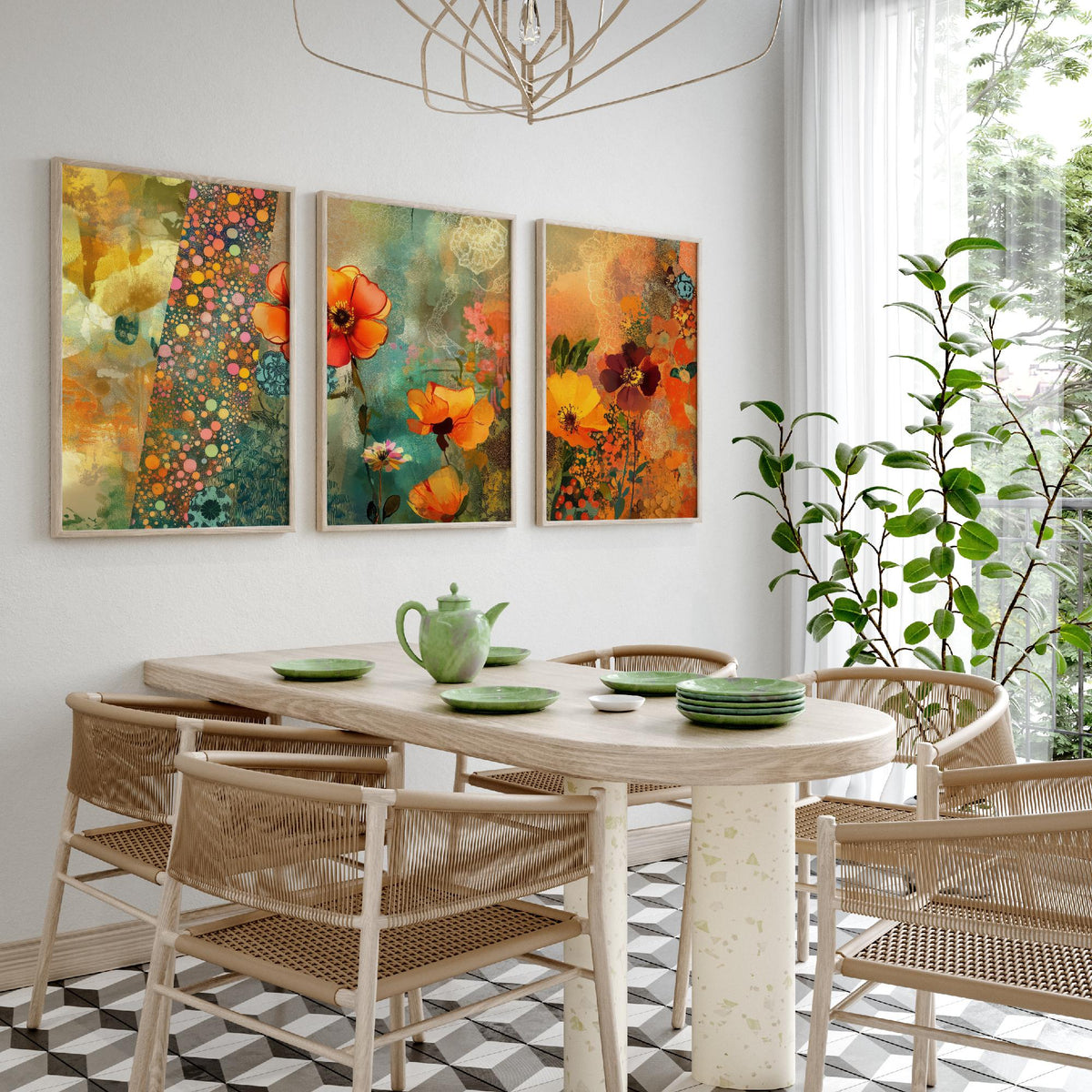 Set of Three Orange Flower Collage Art Prints - Poppy Anemone Wildflowers - 3 Bright Floral Posters - Mixed Media Illustration Painting V1