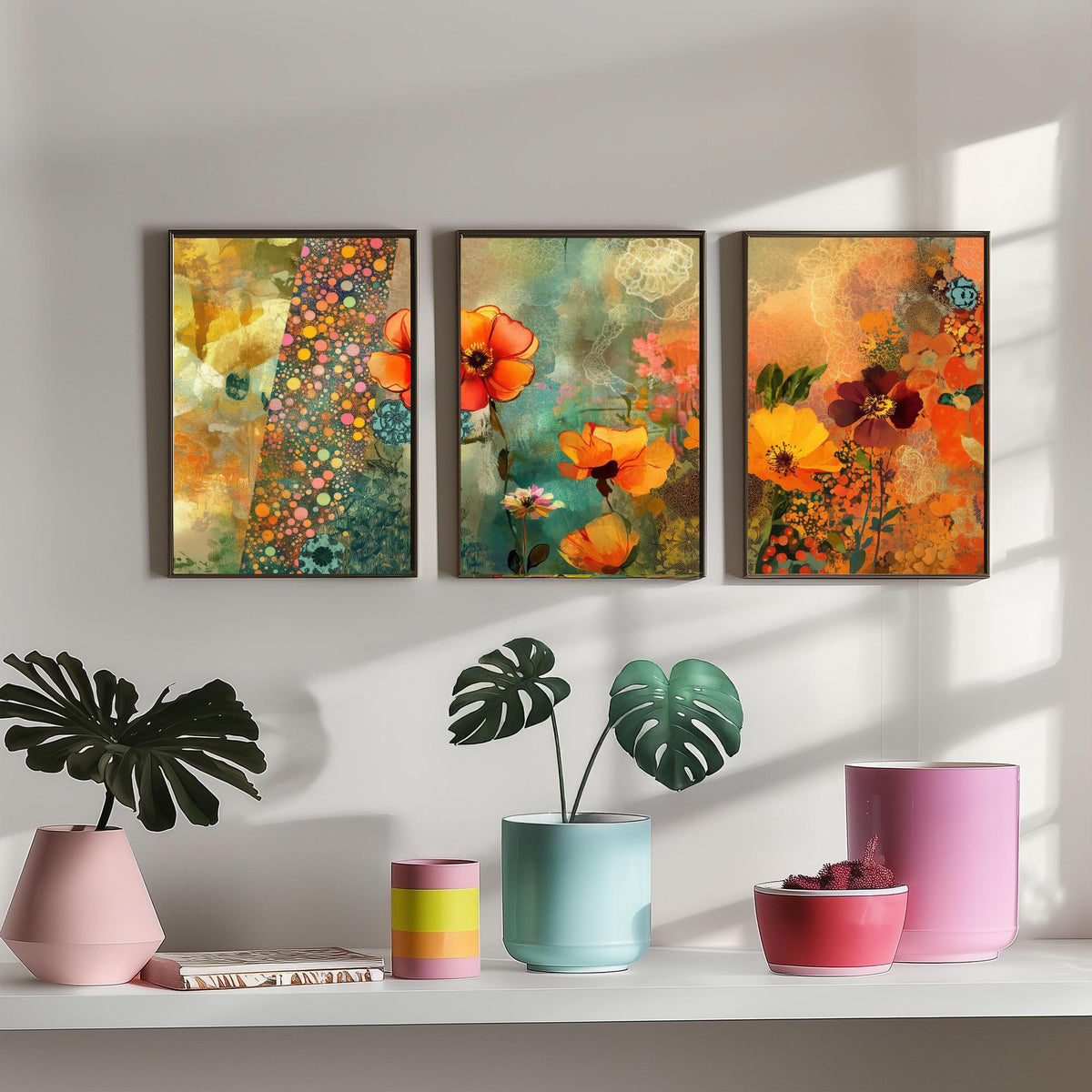 Set of Three Orange Flower Collage Art Prints - Poppy Anemone Wildflowers - 3 Bright Floral Posters - Mixed Media Illustration Painting V1