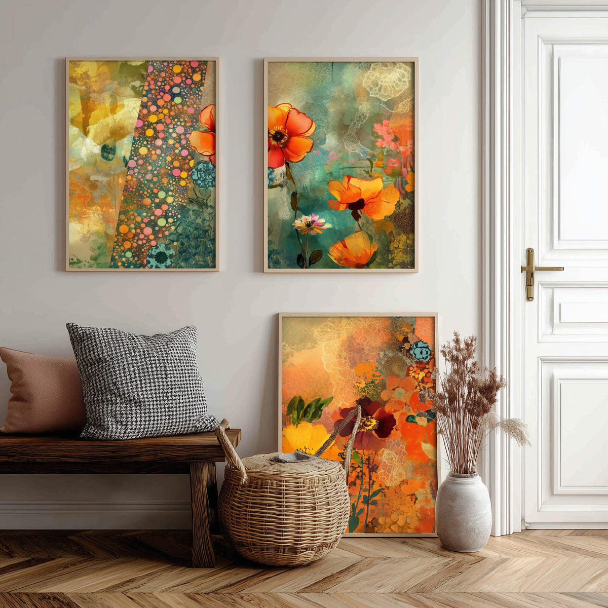 Set of Three Orange Flower Collage Art Prints - Poppy Anemone Wildflowers - 3 Bright Floral Posters - Mixed Media Illustration Painting V1