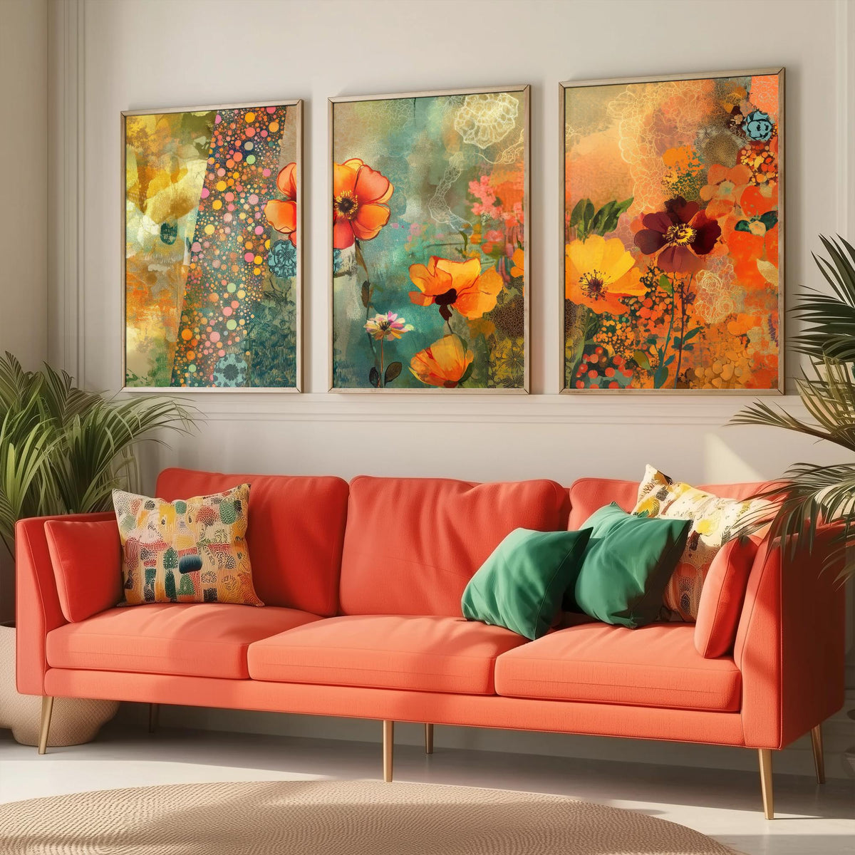 Set of Three Orange Flower Collage Art Prints - Poppy Anemone Wildflowers - 3 Bright Floral Posters - Mixed Media Illustration Painting V1