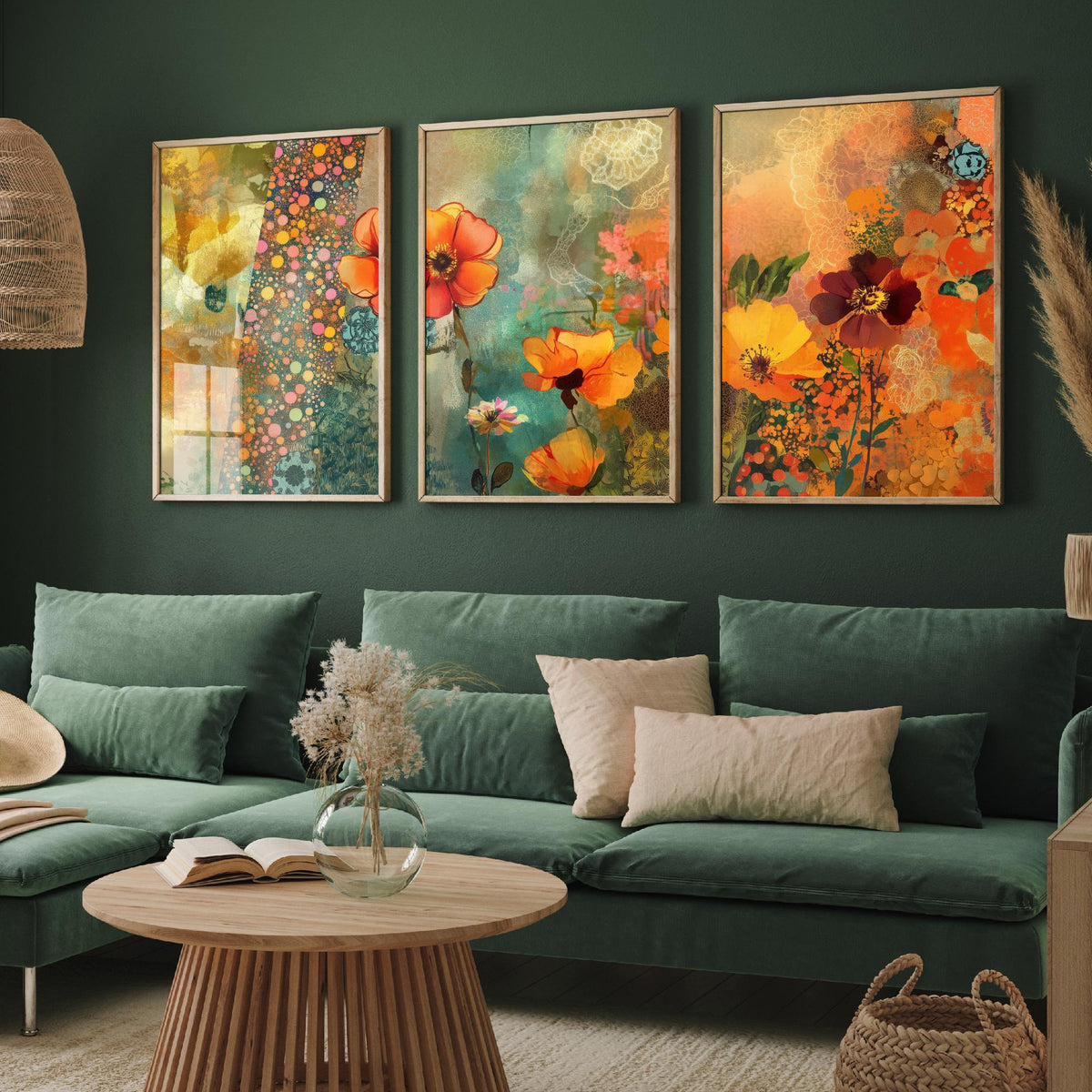 Set of Three Orange Flower Collage Art Prints - Poppy Anemone Wildflowers - 3 Bright Floral Posters - Mixed Media Illustration Painting V1