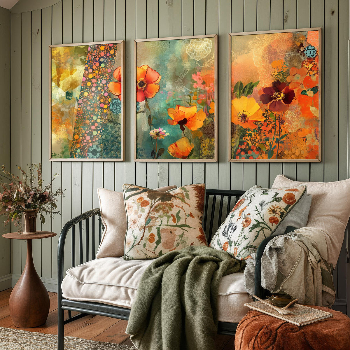 Set of Three Orange Flower Collage Art Prints - Poppy Anemone Wildflowers - 3 Bright Floral Posters - Mixed Media Illustration Painting V1