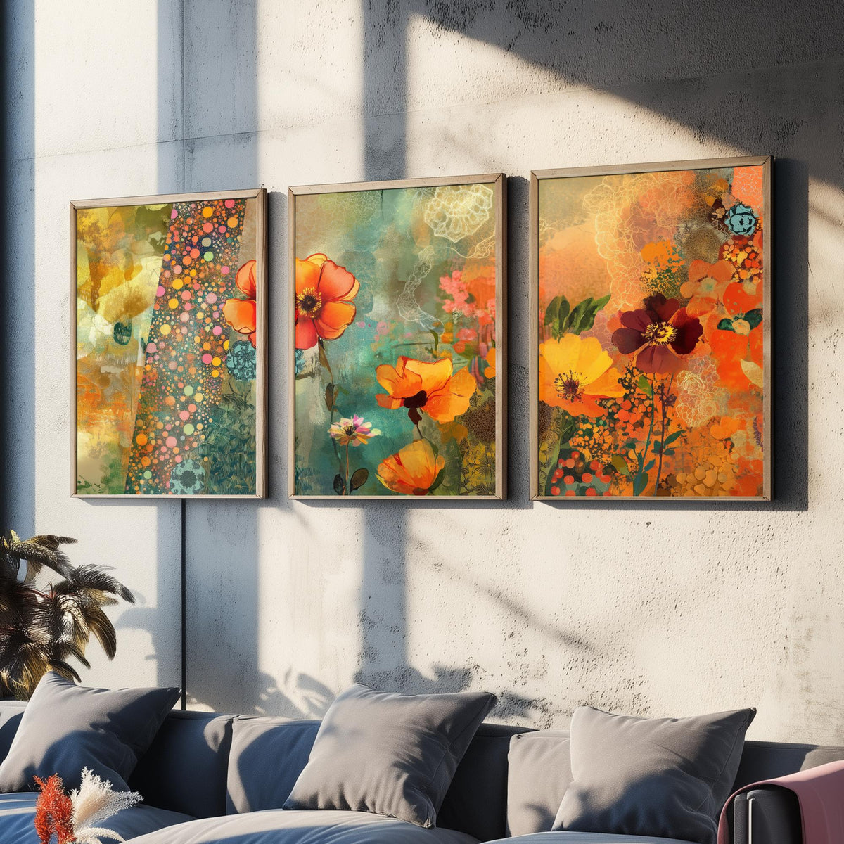 Set of Three Orange Flower Collage Art Prints - Poppy Anemone Wildflowers - 3 Bright Floral Posters - Mixed Media Illustration Painting V1