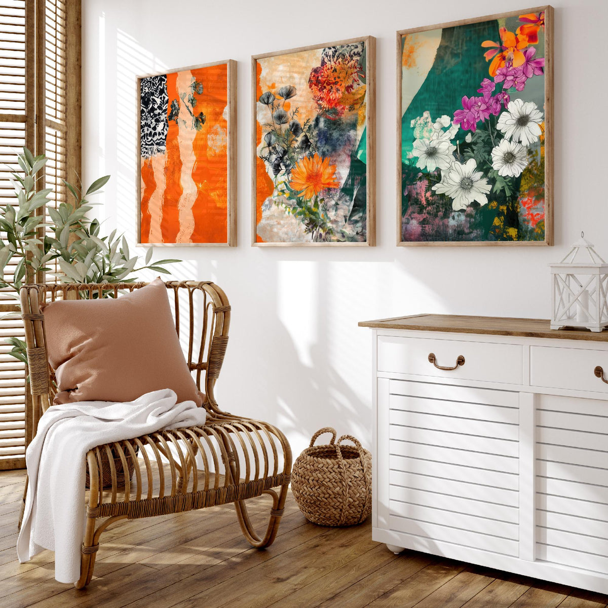 Set of Three Orange Floral Collage Art Prints - Marigold Daisy Blooms - 3 Bold Botanical Posters - Mixed Media Illustration Painting V2