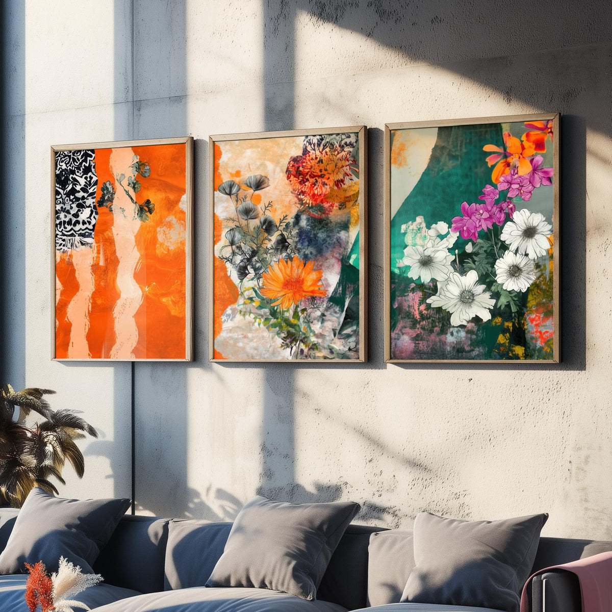Set of Three Orange Floral Collage Art Prints - Marigold Daisy Blooms - 3 Bold Botanical Posters - Mixed Media Illustration Painting V2