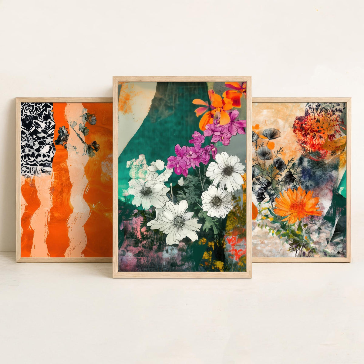 Set of Three Orange Floral Collage Art Prints - Marigold Daisy Blooms - 3 Bold Botanical Posters - Mixed Media Illustration Painting V2