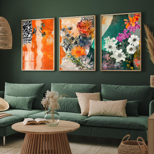 Set of Three Orange Floral Collage Art Prints - Marigold Daisy Blooms - 3 Bold Botanical Posters - Mixed Media Illustration Painting V2