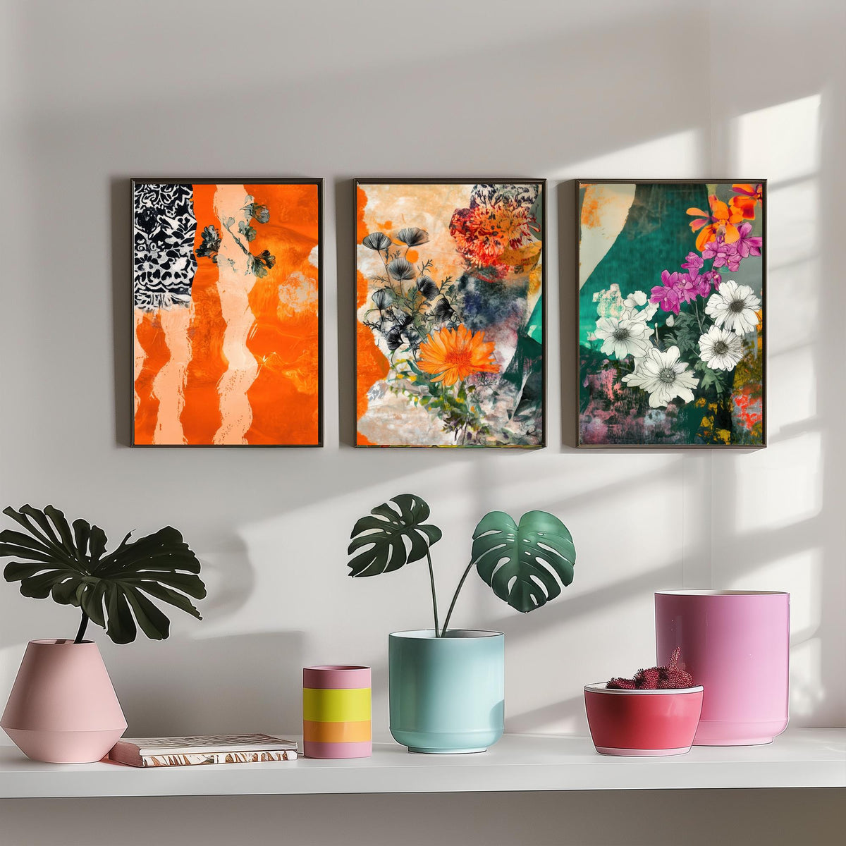 Set of Three Orange Floral Collage Art Prints - Marigold Daisy Blooms - 3 Bold Botanical Posters - Mixed Media Illustration Painting V2