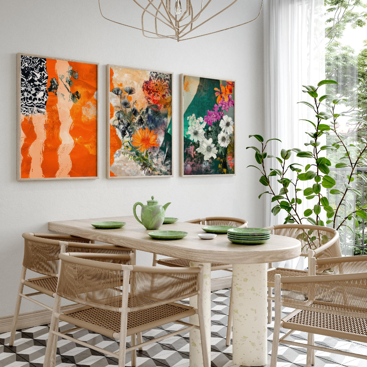 Set of Three Orange Floral Collage Art Prints - Marigold Daisy Blooms - 3 Bold Botanical Posters - Mixed Media Illustration Painting V2