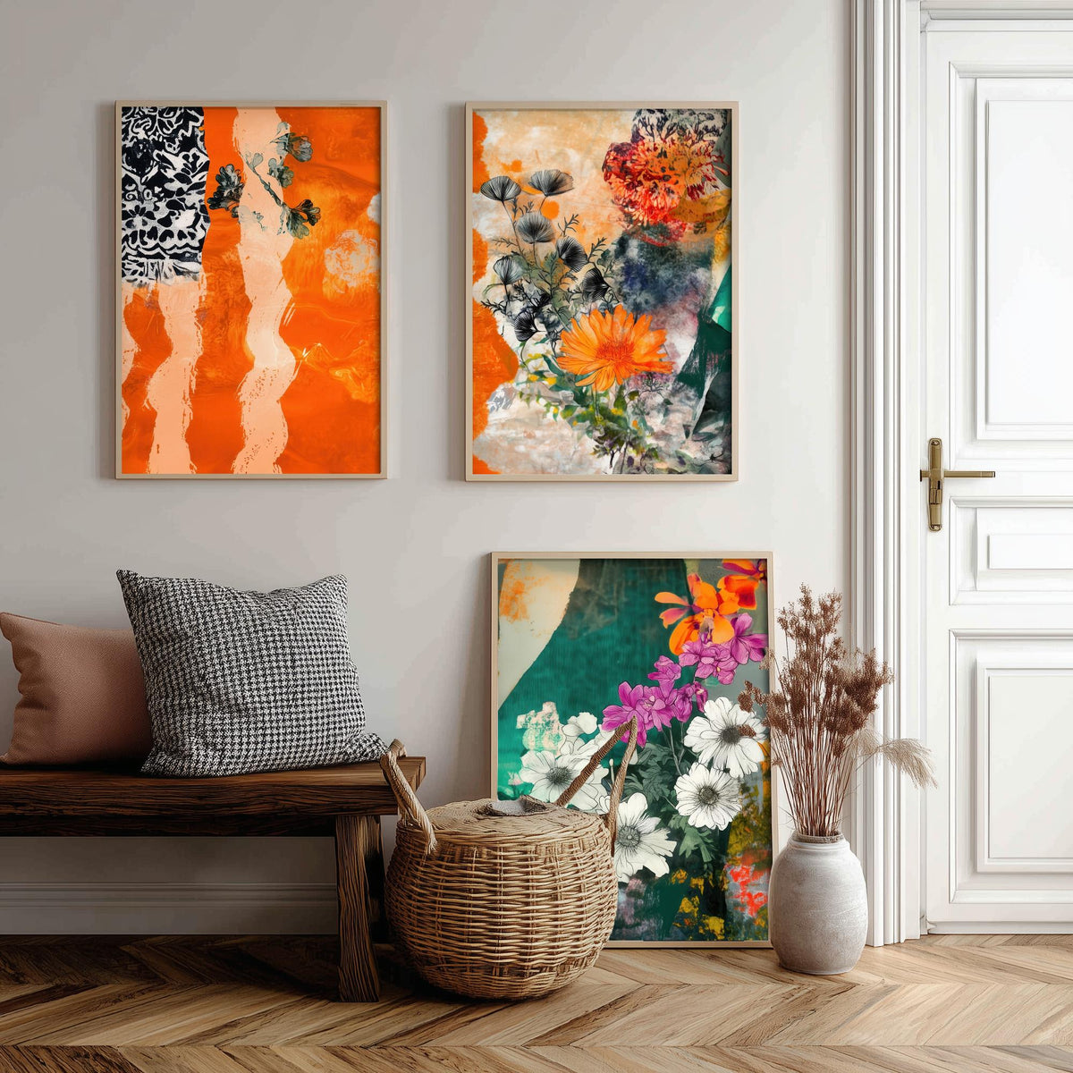 Set of Three Orange Floral Collage Art Prints - Marigold Daisy Blooms - 3 Bold Botanical Posters - Mixed Media Illustration Painting V2