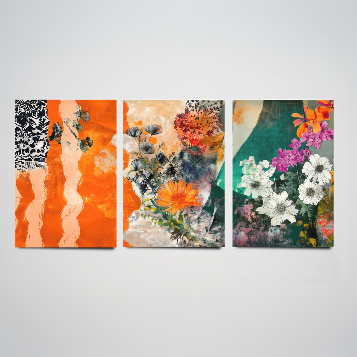 Set of Three Orange Floral Collage Art Prints - Marigold Daisy Blooms - 3 Bold Botanical Posters - Mixed Media Illustration Painting V2
