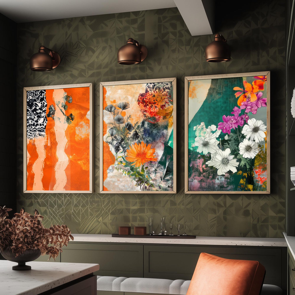 Set of Three Orange Floral Collage Art Prints - Marigold Daisy Blooms - 3 Bold Botanical Posters - Mixed Media Illustration Painting V2