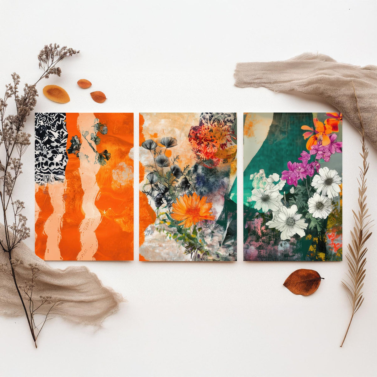 Set of Three Orange Floral Collage Art Prints - Marigold Daisy Blooms - 3 Bold Botanical Posters - Mixed Media Illustration Painting V2
