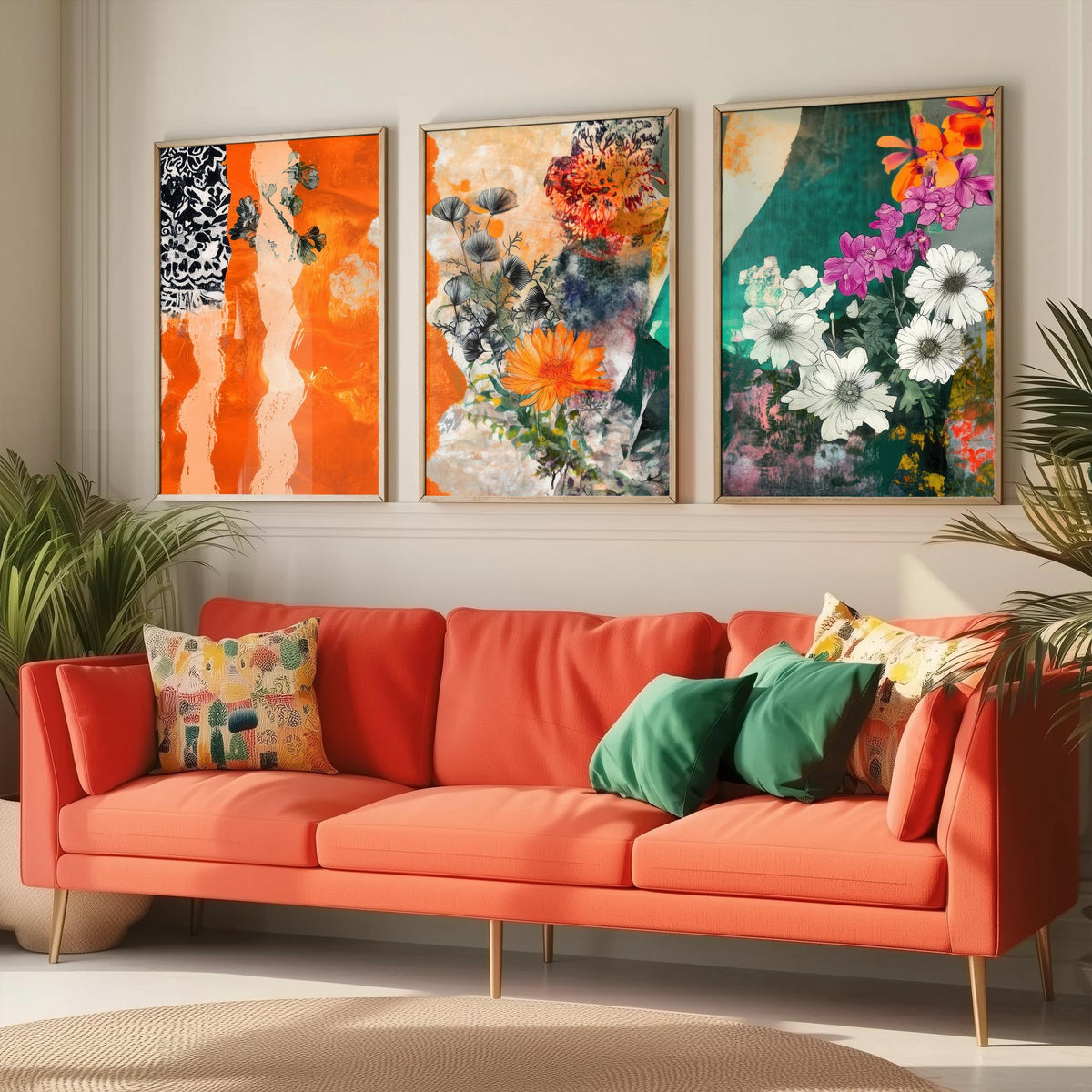 Set of Three Orange Floral Collage Art Prints - Marigold Daisy Blooms - 3 Bold Botanical Posters - Mixed Media Illustration Painting V2