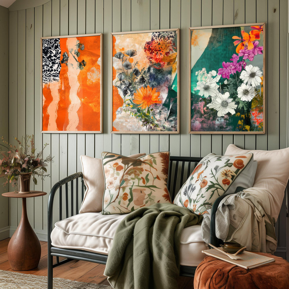 Set of Three Orange Floral Collage Art Prints - Marigold Daisy Blooms - 3 Bold Botanical Posters - Mixed Media Illustration Painting V2
