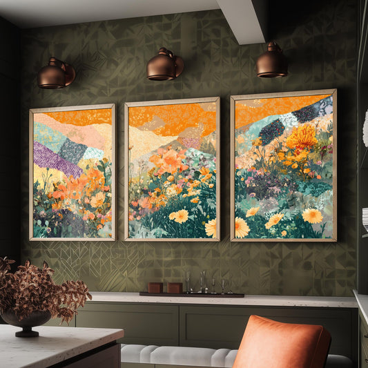 Set of Three Wildflower Meadow Collage Art Prints - Orange Poppy Daisies - 3 Floral Landscape Posters - Mixed Media Illustration V3