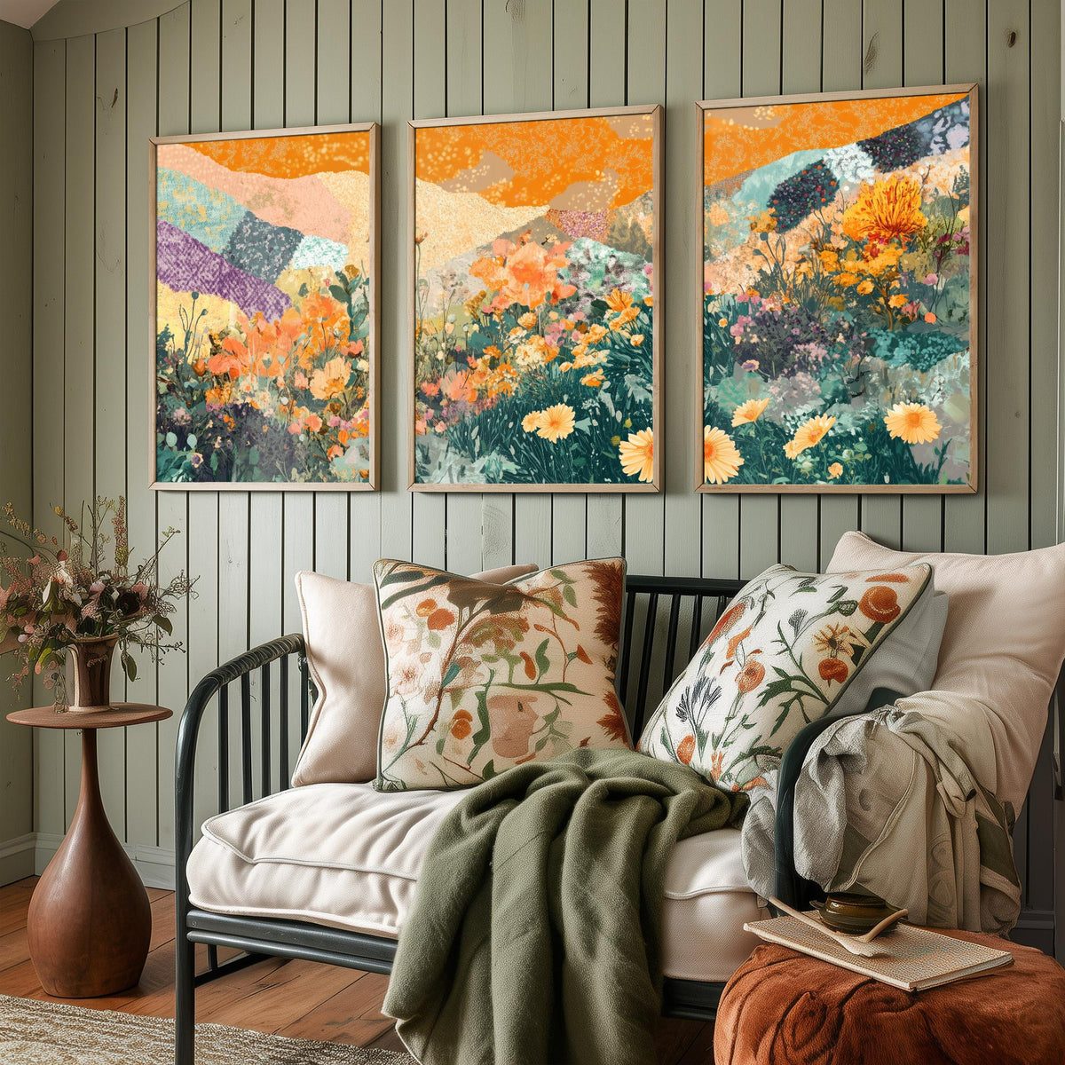 Set of Three Wildflower Meadow Collage Art Prints - Orange Poppy Daisies - 3 Floral Landscape Posters - Mixed Media Illustration V3