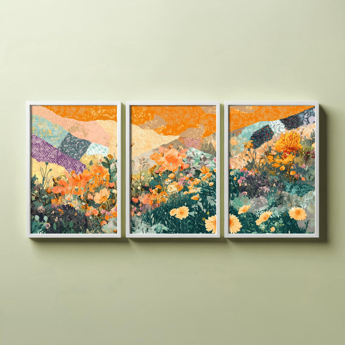 Set of Three Wildflower Meadow Collage Art Prints - Orange Poppy Daisies - 3 Floral Landscape Posters - Mixed Media Illustration V3