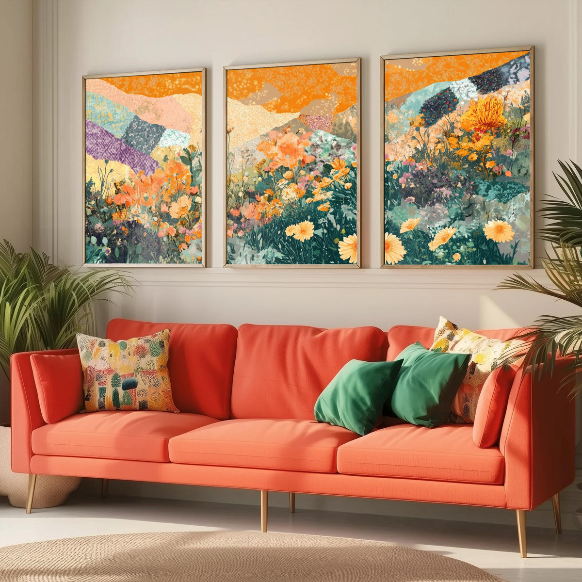 Set of Three Wildflower Meadow Collage Art Prints - Orange Poppy Daisies - 3 Floral Landscape Posters - Mixed Media Illustration V3