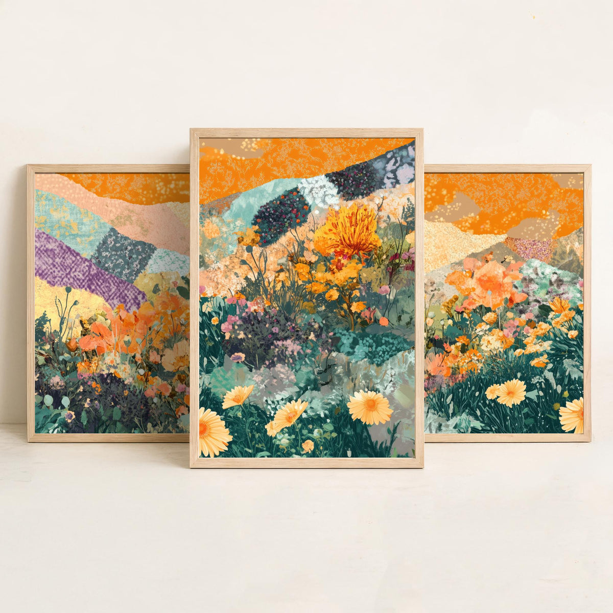 Set of Three Wildflower Meadow Collage Art Prints - Orange Poppy Daisies - 3 Floral Landscape Posters - Mixed Media Illustration V3