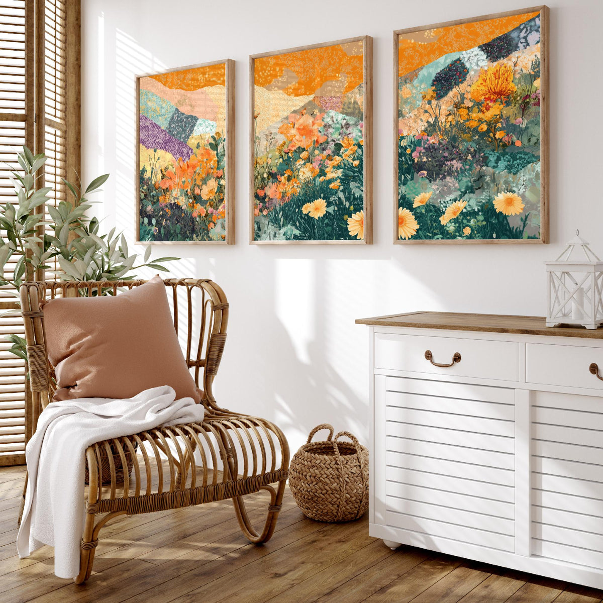 Set of Three Wildflower Meadow Collage Art Prints - Orange Poppy Daisies - 3 Floral Landscape Posters - Mixed Media Illustration V3