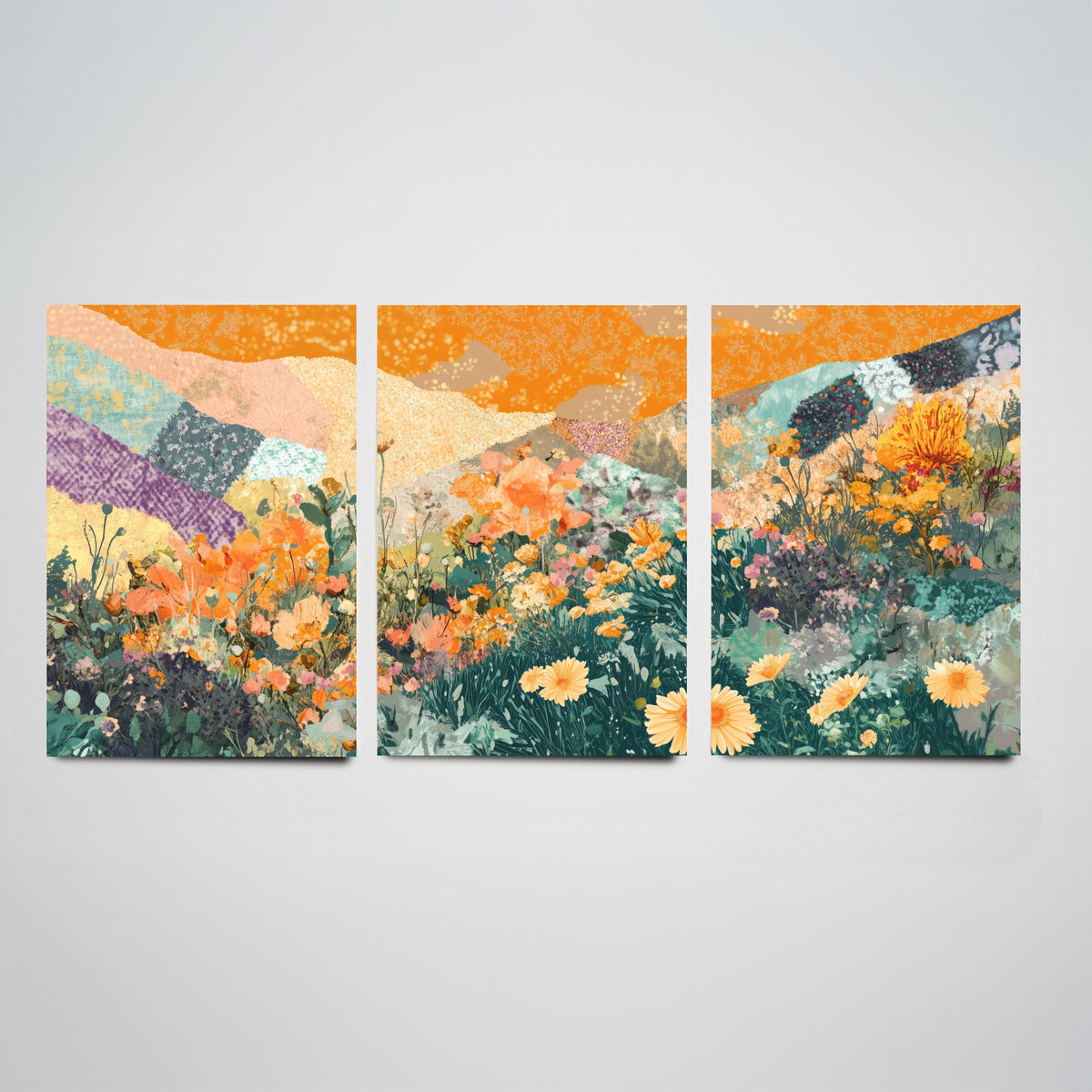 Set of Three Wildflower Meadow Collage Art Prints - Orange Poppy Daisies - 3 Floral Landscape Posters - Mixed Media Illustration V3