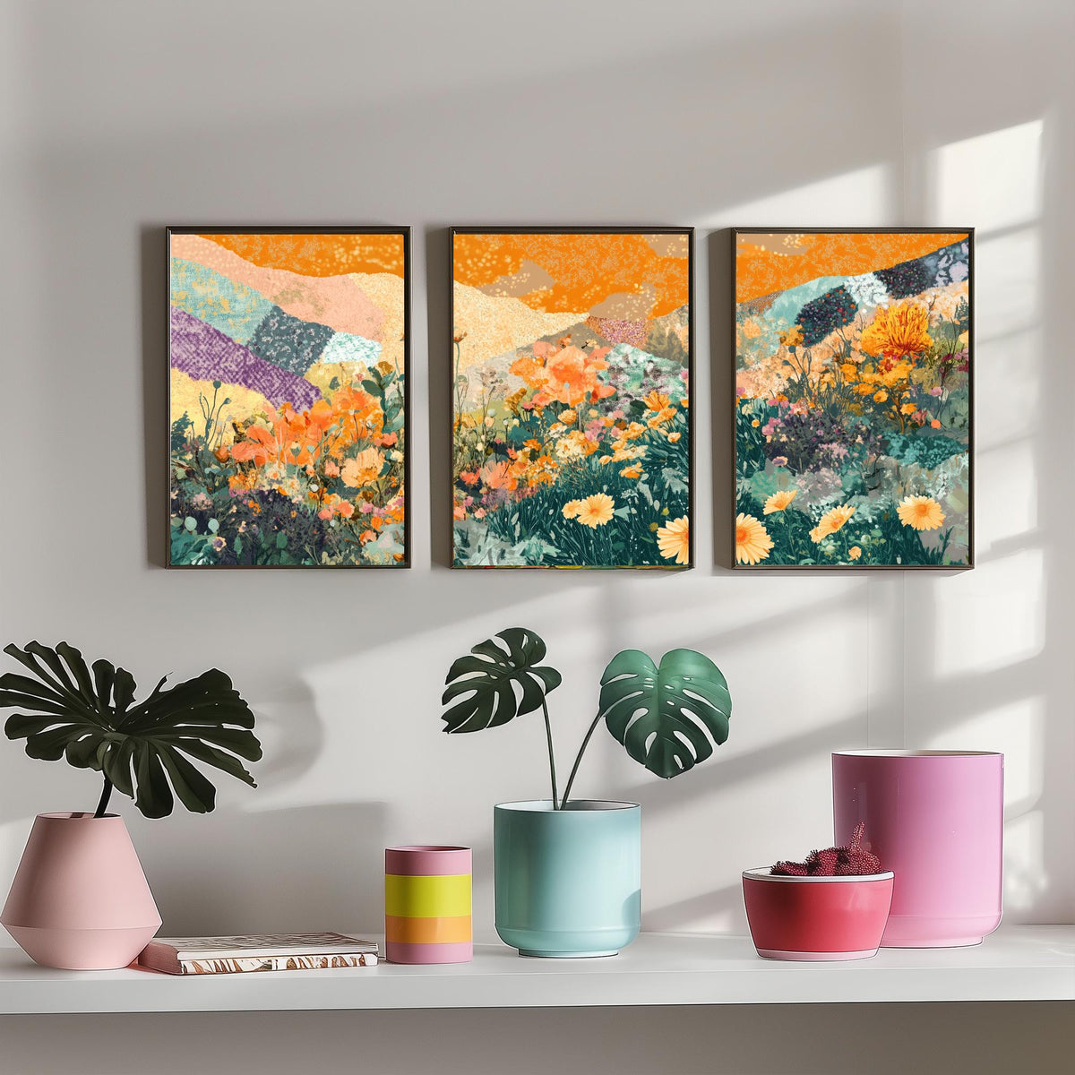Set of Three Wildflower Meadow Collage Art Prints - Orange Poppy Daisies - 3 Floral Landscape Posters - Mixed Media Illustration V3