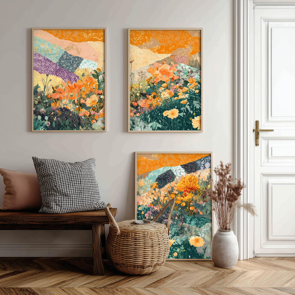 Set of Three Wildflower Meadow Collage Art Prints - Orange Poppy Daisies - 3 Floral Landscape Posters - Mixed Media Illustration V3