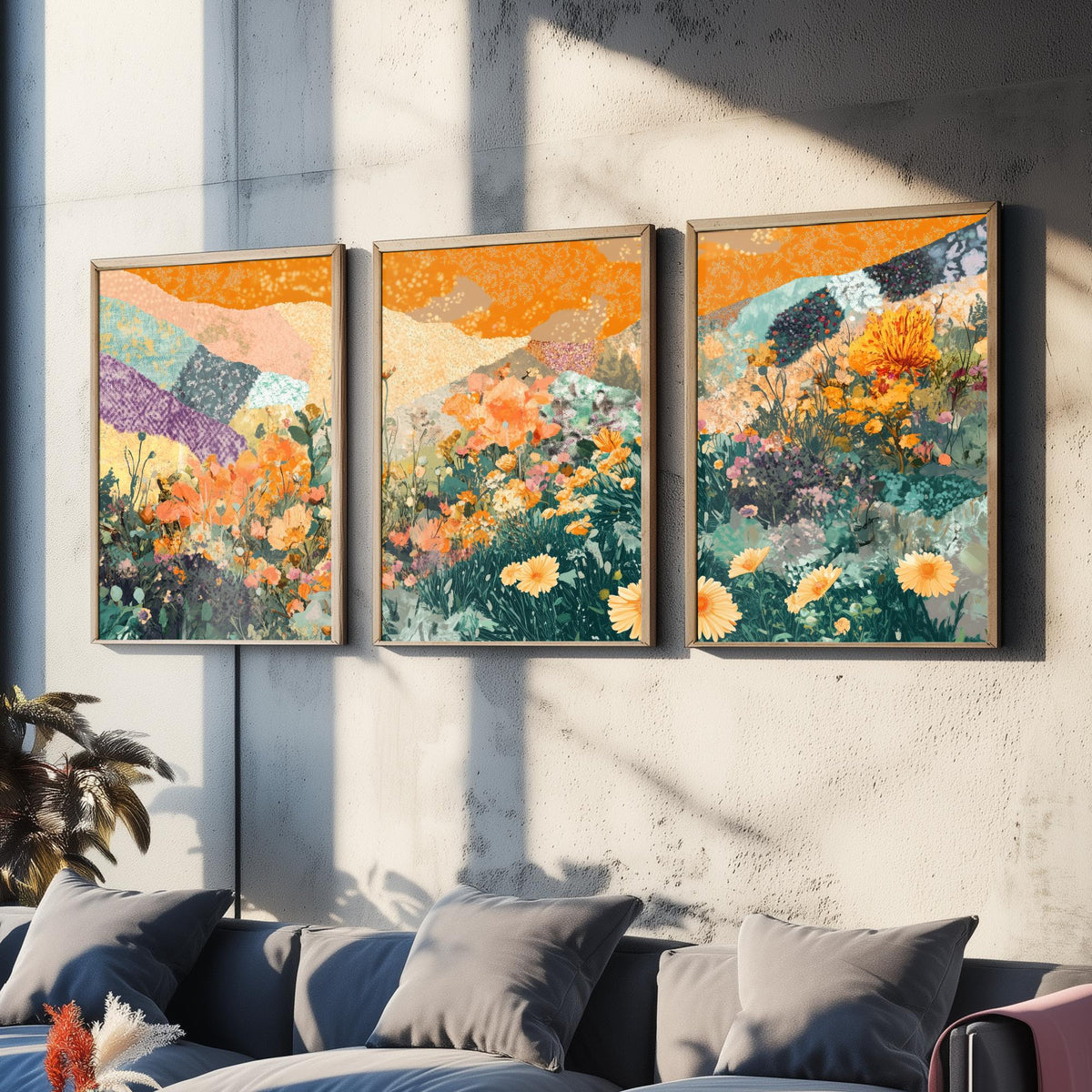 Set of Three Wildflower Meadow Collage Art Prints - Orange Poppy Daisies - 3 Floral Landscape Posters - Mixed Media Illustration V3