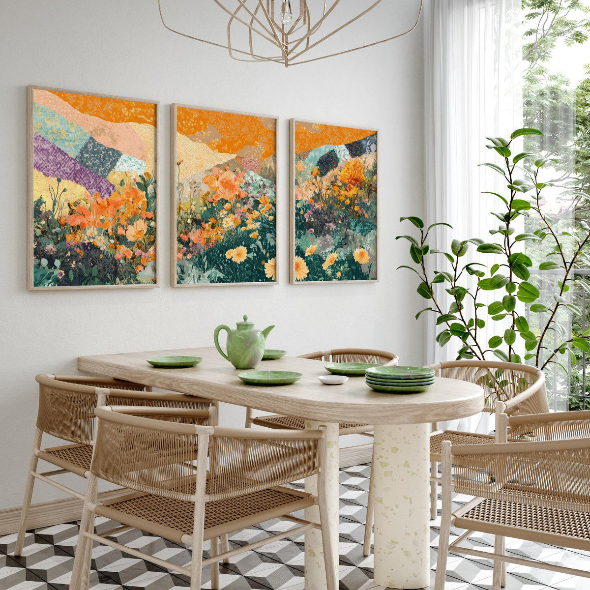 Set of Three Wildflower Meadow Collage Art Prints - Orange Poppy Daisies - 3 Floral Landscape Posters - Mixed Media Illustration V3
