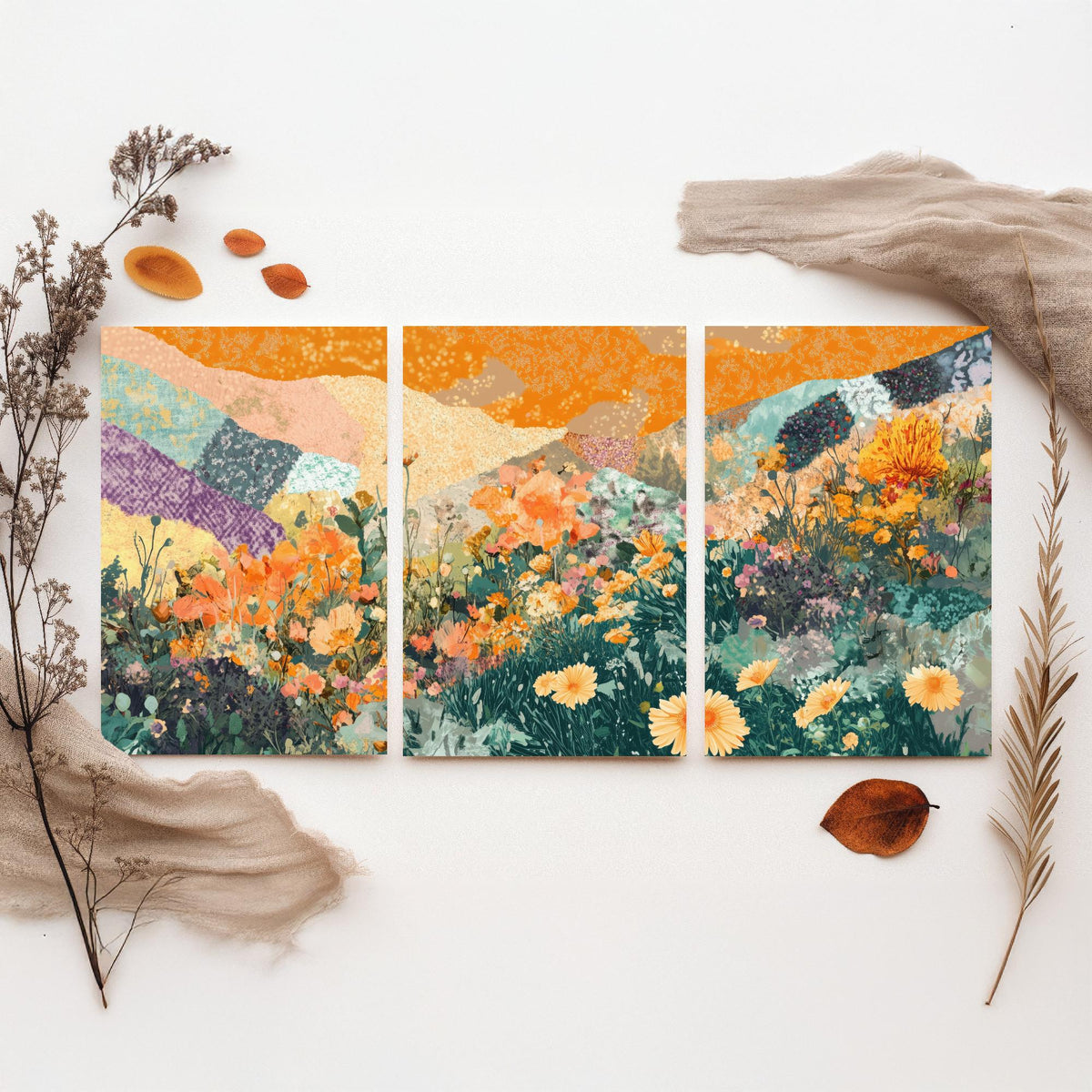 Set of Three Wildflower Meadow Collage Art Prints - Orange Poppy Daisies - 3 Floral Landscape Posters - Mixed Media Illustration V3
