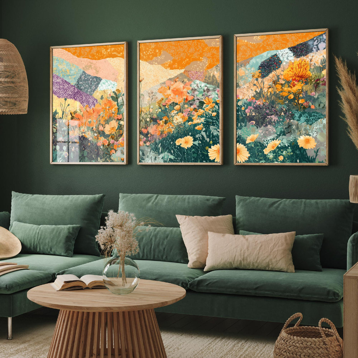 Set of Three Wildflower Meadow Collage Art Prints - Orange Poppy Daisies - 3 Floral Landscape Posters - Mixed Media Illustration V3