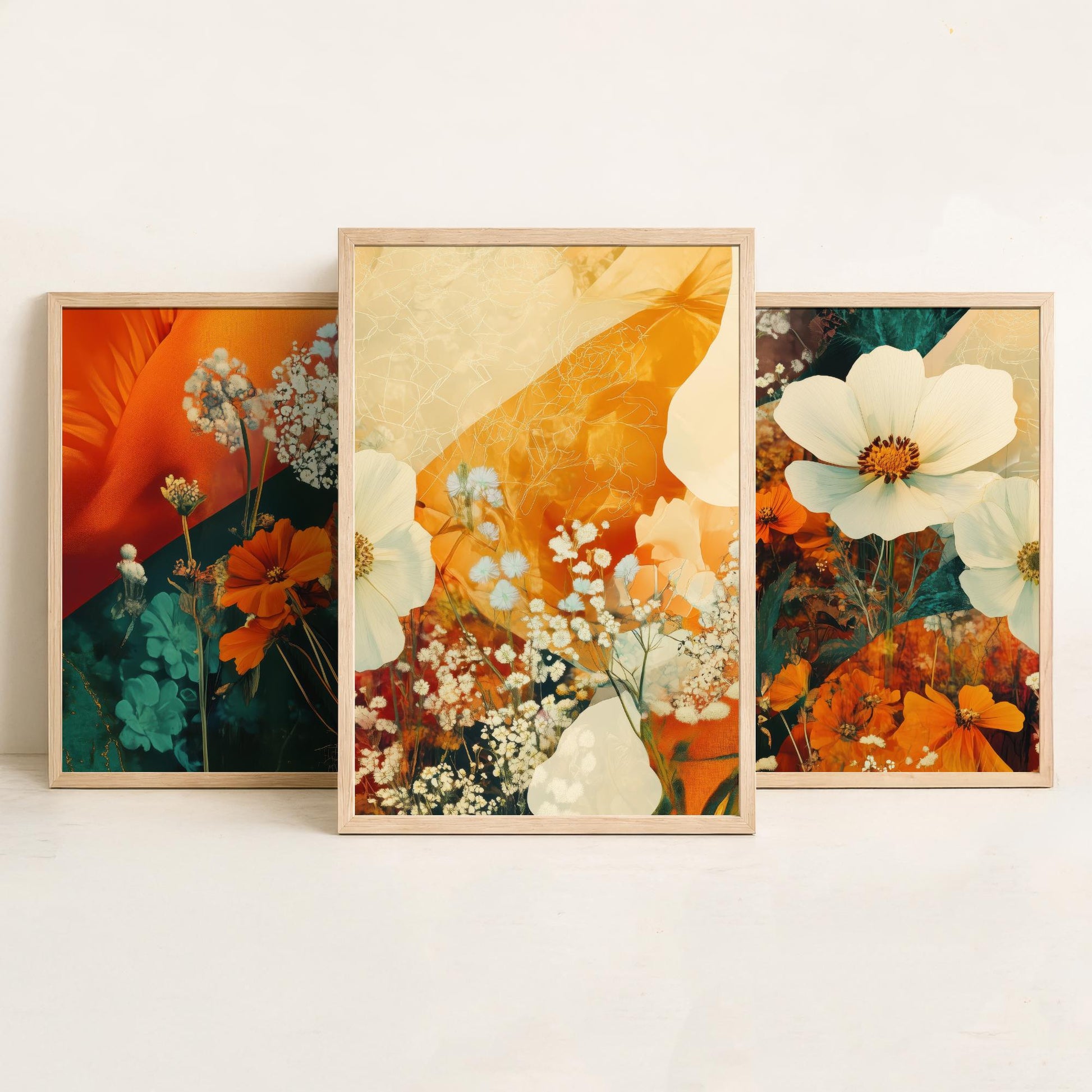 Orange Flower Collage Set of Three Art Prints - 3 Floral Cosmos Marigold Posters - Photo Wall Art Gift Botanical Illustration V4