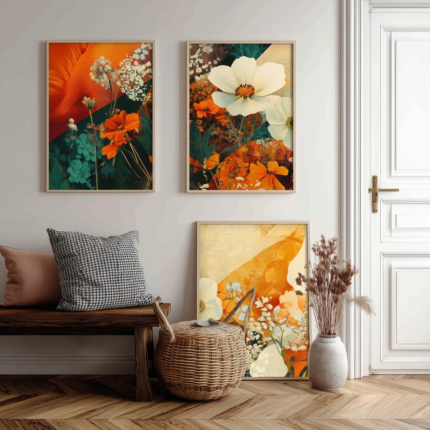 Orange Flower Collage Set of Three Art Prints - 3 Floral Cosmos Marigold Posters - Photo Wall Art Gift Botanical Illustration V4