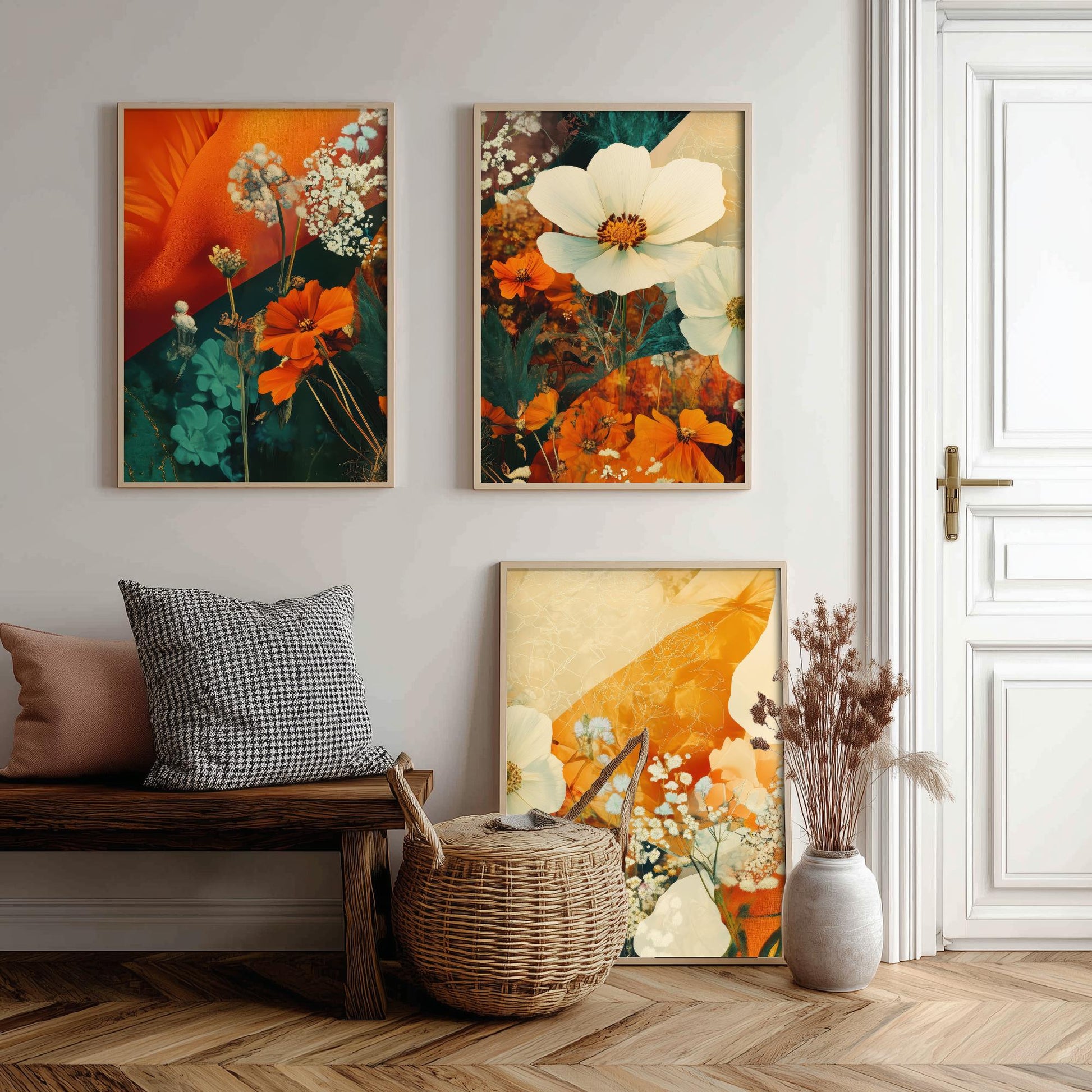 Orange Flower Collage Set of Three Art Prints - 3 Floral Cosmos Marigold Posters - Photo Wall Art Gift Botanical Illustration V4