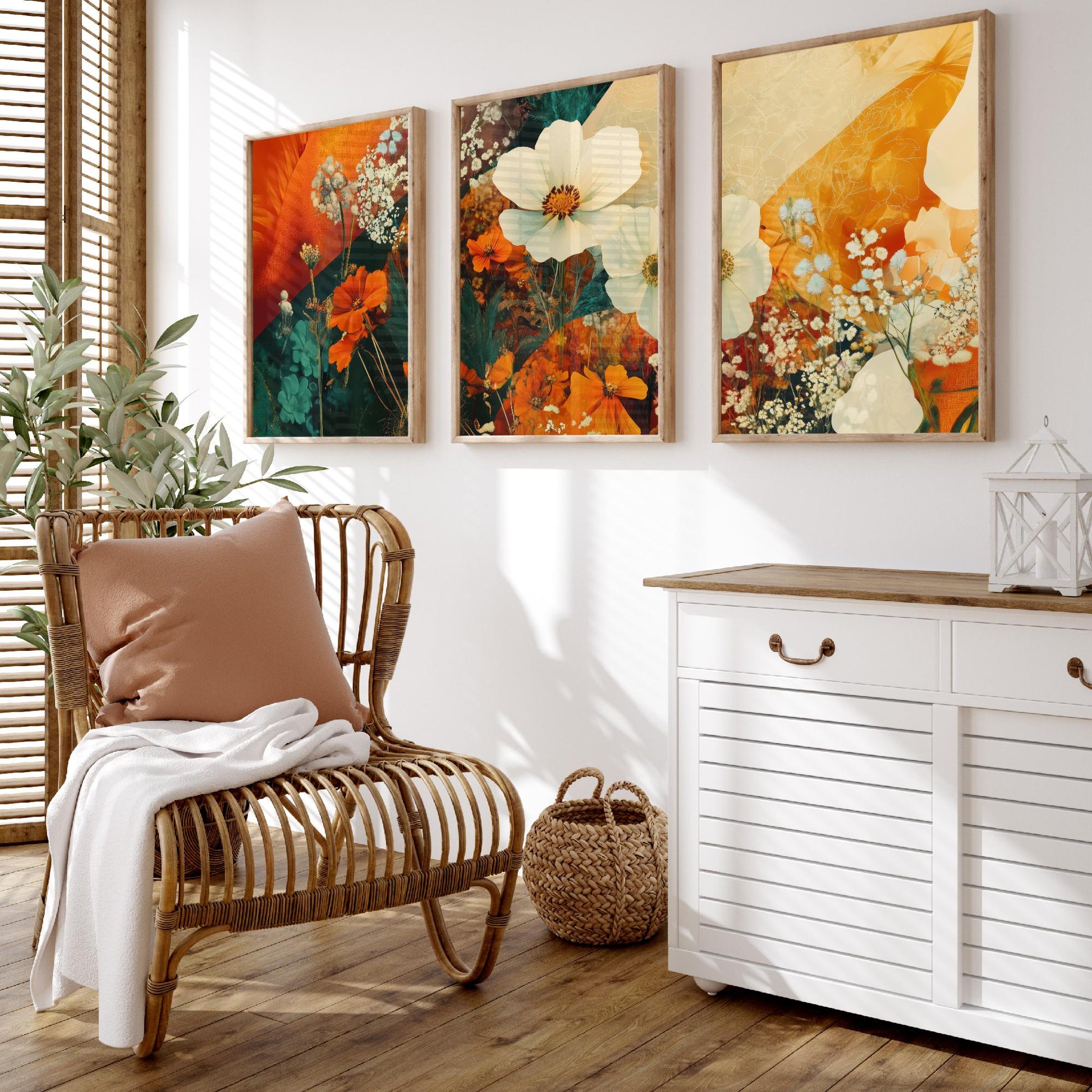 Orange Flower Collage Set of Three Art Prints - 3 Floral Cosmos Marigold Posters - Photo Wall Art Gift Botanical Illustration V4